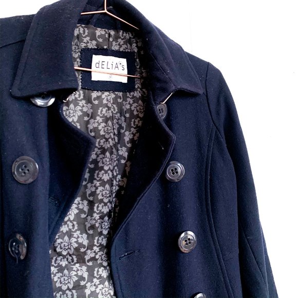 delias navy blue wool pea coat w/high neck buttons - Picture 2 of 7